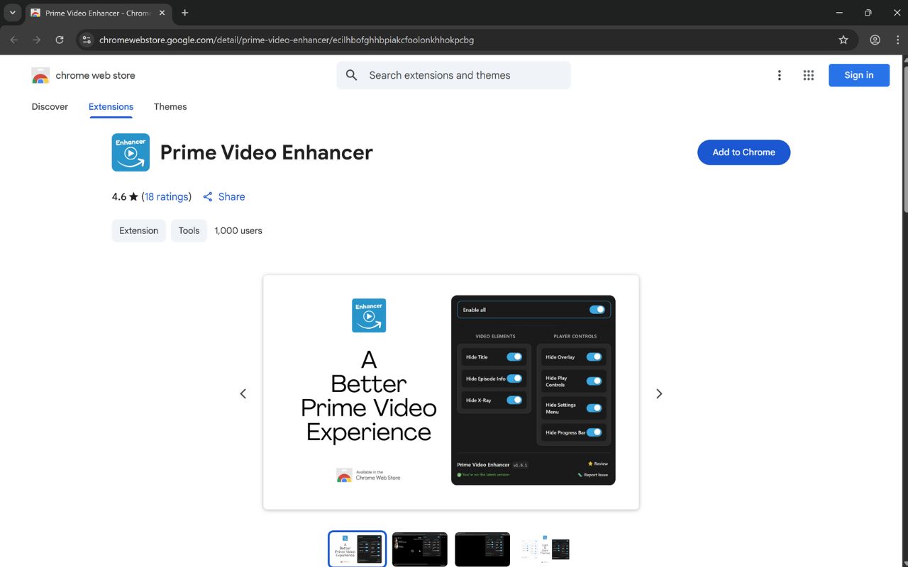 Chrome Web Store page showing Prime Video Enhancer with Add to Chrome button