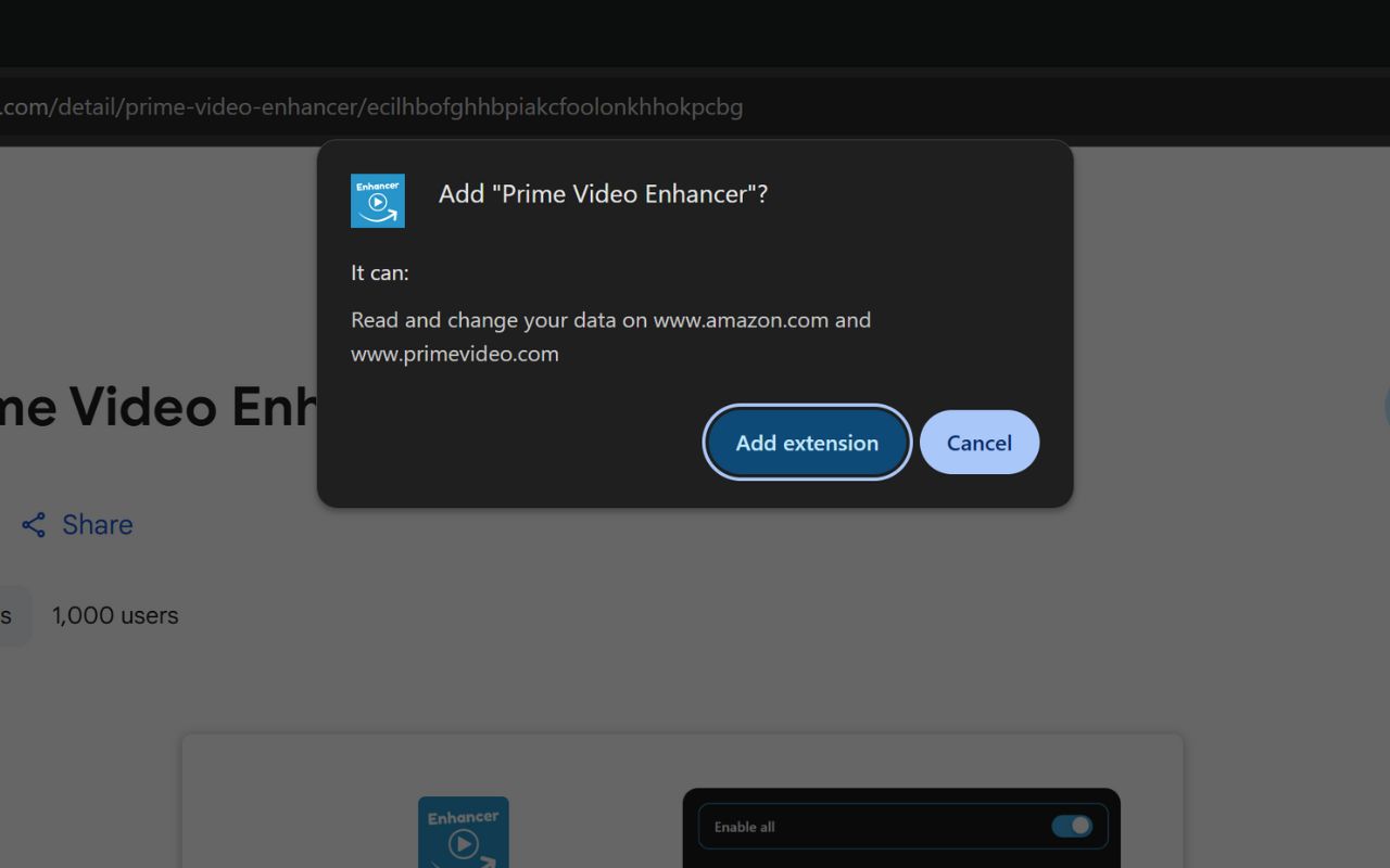 Chrome permission dialog asking to add Prime Video Enhancer extension