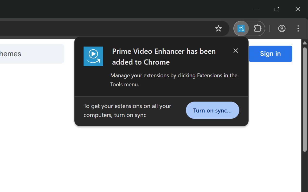 Success notification showing Prime Video Enhancer has been added to Chrome