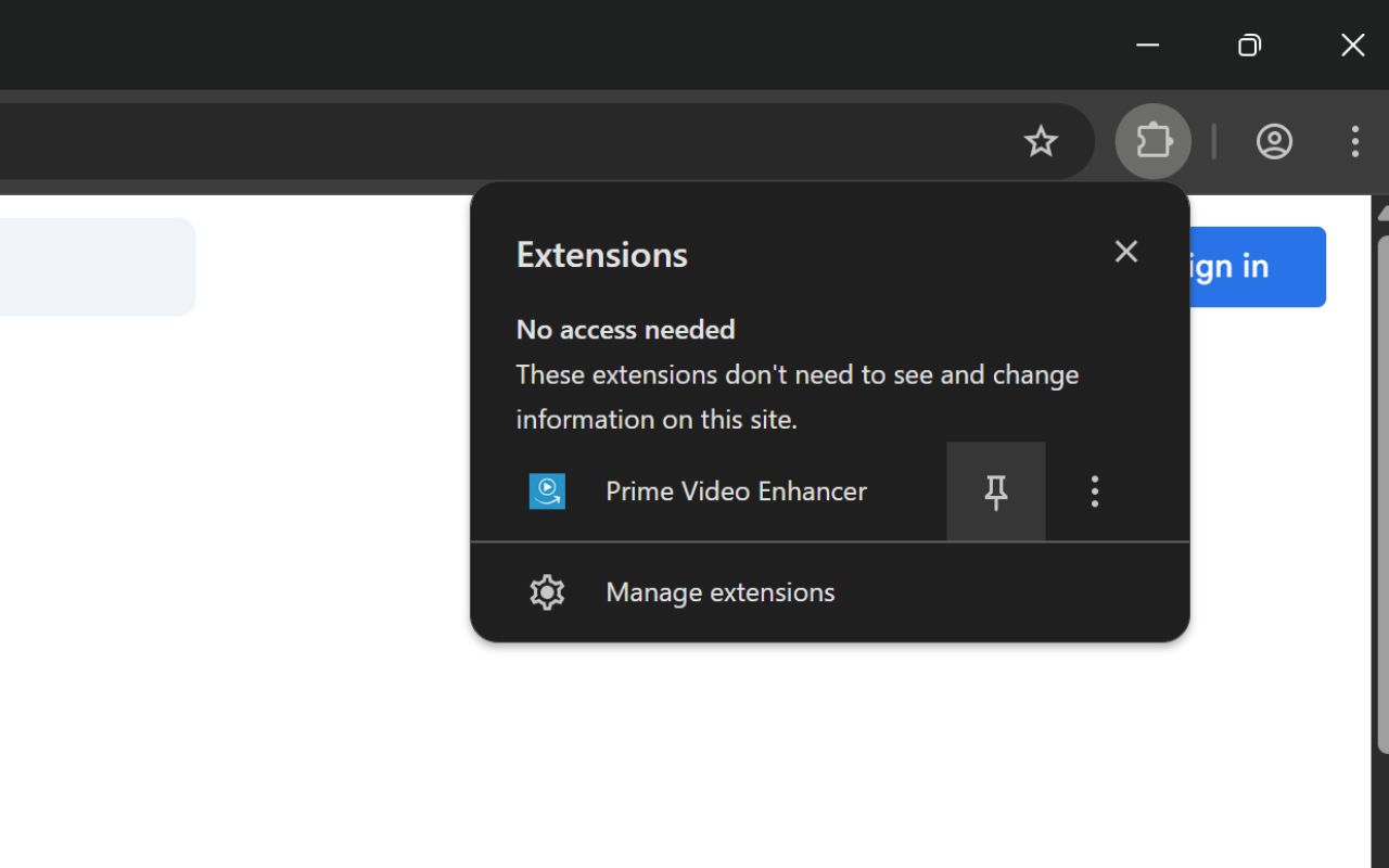 Chrome extensions menu showing how to pin Prime Video Enhancer