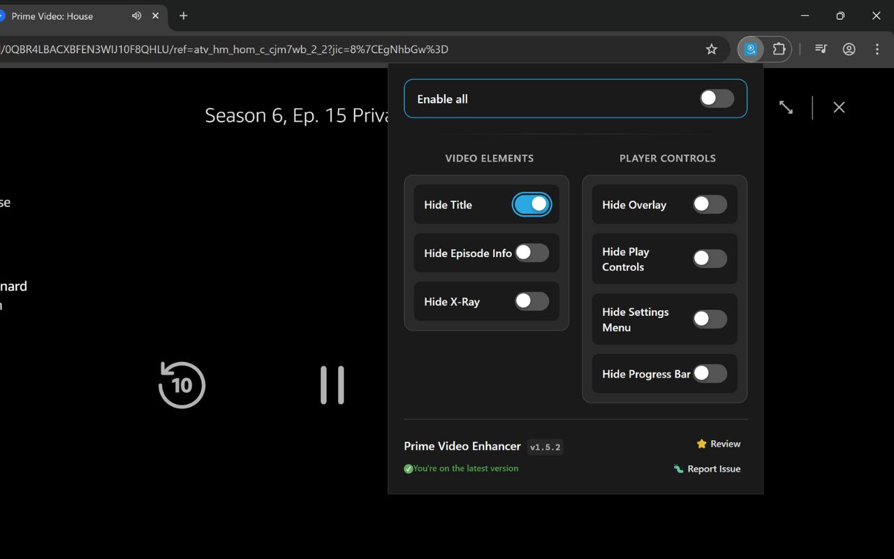 Prime Video page showing the extension popup with toggle controls